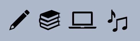 Icons representing writing, books, digital learning, and music.